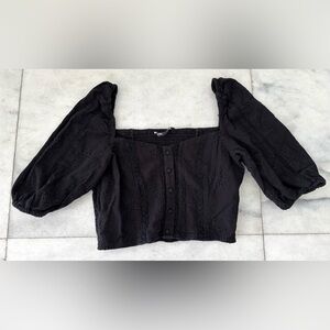 ZARA Crop Top Black Puff Sleeve Eyelet Button Smocked Womens L Whimsigoth Grunge